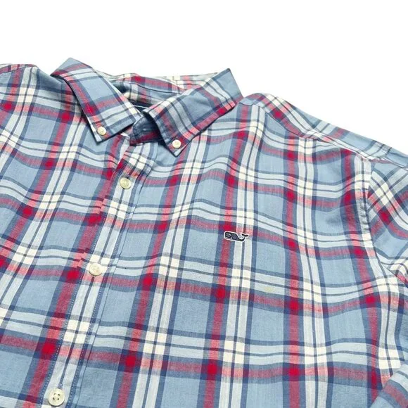 Vineyard Vines Shirt Mens Size XXL Red White Blue Plaid Whale Shirt Button Front - Picture 2 of 4